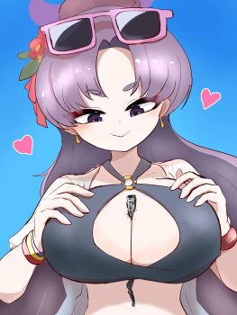 1girl between_breasts bikini black_bikini blue_archive breasts cleavage closed_mouth commentary_request earrings eyewear_on_head flower giant giantess hair_flower hair_ornament heart highres jewelry large_breasts long_hair official_alternate_costume official_alternate_hairstyle ponytail purple-framed_eyewear purple_eyes purple_hair ryus66380790 smile solo sunglasses swimsuit train vehicle_between_breasts yukari_(blue_archive) yukari_(swimsuit)_(blue_archive)