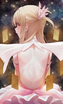 1girl absurdres back blonde_hair commentary dress elbow_gloves fate/kaleid_liner_prisma_illya fate_(series) feather_hair_ornament feathers from_behind gloves hair_ornament highres illyasviel_von_einzbern kaze_22 korean_commentary long_hair looking_at_viewer magical_girl pink_dress pink_gloves prisma_illya red_eyes solo two_side_up