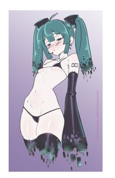 1girl absurdres bikini black_bikini blush breasts commentary detached_sleeves hatsune_miku highres long_hair micro_bikini navel piutahayo small_breasts solo swimsuit thighhighs twintails vocaloid