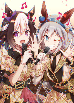 2girls animal_ears black_bow black_corset black_necktie blue_eyes blue_hairband blush bow braid brown_eyes corset dress grin hair_between_eyes hair_bow hairband half_up_braid highres horse_ears horse_girl long_hair medium_hair multicolored_hair multiple_girls necktie open_mouth purple_bow purple_eyes short_sleeves smile special_week_(umamusume) tamamo_cross_(umamusume) two-tone_hair umamusume white_dress white_hair yue_(lov_n_n)