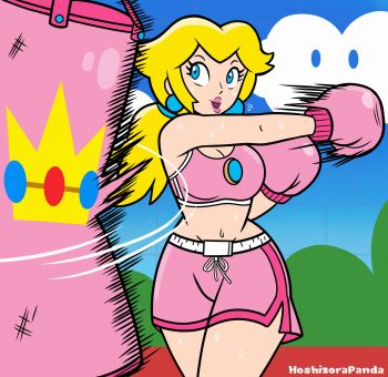 1girl artist_name blonde_hair blue_eyes blue_gloves boxing boxing_gloves breasts brick_wall brooch cleavage cloud gloves highres hoshizora_panda jewelry large_breasts legs long_hair low_ponytail mario_(series) midriff navel nintendo official_style open_mouth pink_lips pink_shorts pink_sports_bra ponytail princess princess_peach punching punching_bag shorts smile solo sports_bra sportswear sweat teeth thick_thighs thighs tongue