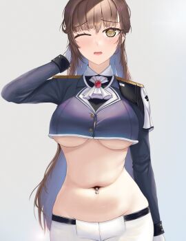 1girl @_@ absurdres arm_up ascot belt black_belt black_jacket blush breasts brown_eyes brown_hair button_gap commentary cowboy_shot crop_top cropped_jacket epaulettes glint gloves goddess_of_victory:_nikke grey_background groin highres jacket kingamadeus0 large_breasts long_hair long_sleeves looking_at_viewer marciana_(nikke) military_jacket navel navel_piercing one_eye_closed open_mouth pants piercing sidelocks simple_background solo standing stomach tight_clothes tight_pants underboob very_long_hair white_ascot white_gloves white_pants