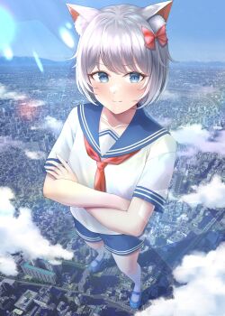 1girl blue_sailor_collar bow building cat_girl city cloud commentary_request commission fluffy from_above giant giantess highres hydrocatvt_(vtuber) looking_at_viewer mountain numaguro_(tomokun0808) original red_bow road sailor_collar skeb_commission standing white_hair