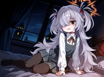 1girl absurdres bags_under_eyes black_dress black_pantyhose blue_archive brown_ribbon collared_shirt commentary dress full_body grey_hair hair_over_one_eye halo highres indoors kanoe_(blue_archive) long_hair long_sleeves looking_at_viewer luxuriou_s lying neck_ribbon no_shoes on_side open_mouth orange_eyes orange_halo pantyhose pinafore_dress puffy_long_sleeves puffy_sleeves ribbon shaded_face shirt sleeveless sleeveless_dress solo two_side_up wavy_hair white_shirt window