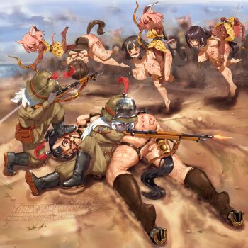 Rule 34 | 6+girls, absurdres, anal beads, anal tail, animal ears, animal print, arms behind back, battle, bdsm, bit gag, black hair, black skin, bondage, bound, bound arms, bow (weapon), breasts, butt plug, cat ears, cat girl, cat tail, collar, colored skin, commentary request, commission, dark-skinned female, dark elf, dark skin, death, dress, elf, fake tail, firing, gag, gagged, green pants, gun, harness, hat, hat feather, highres, huge breasts, large breasts, leopard print, military hat, multiple girls, nipple piercing, nipple rings, nipples, no panties, original, outdoors, pants, pet play, piercing, pink hair, pixiv commission, pointy ears, pony play, pussy, red eyes, rifle, ring piercing, running, saddle, sex toy, shibari, slave, soldier, tail, taking cover, tattoo, vorpal cotton, war, weapon, yellow dress