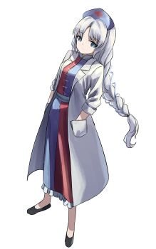 Rule 34 | 16sanrach, 1girl, absurdres, black shoes, blue dress, blue eyes, braid, breasts, chinese commentary, coat, commentary request, cross, dress, frilled dress, frills, grey hair, hands in pockets, hat, highres, long hair, looking at viewer, medium breasts, nurse cap, open clothes, open coat, red cross, red dress, shoes, simple background, solo, touhou, two-tone dress, very long hair, white background, white coat, yagokoro eirin