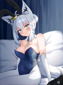 1girl adapted_costume ahoge animal_ear_fluff animal_ears bare_shoulders bed blue_leotard blush braid breasts clenched_teeth commentary_request crown curtains detached_collar earrings elbow_gloves extra_ears fake_animal_ears fox_ears fox_girl fox_tail gloves green_eyes hair_between_eyes hair_bun highres hololive jewelry leotard light_particles llxr18 looking_at_viewer medium_breasts mini_crown on_bed pantyhose pentagram playboy_bunny rabbit_ears shirakami_fubuki shirakami_fubuki_(fbkingdom) sidelocks single_braid solo sweat tail teeth virtual_youtuber white_gloves white_hair white_pantyhose