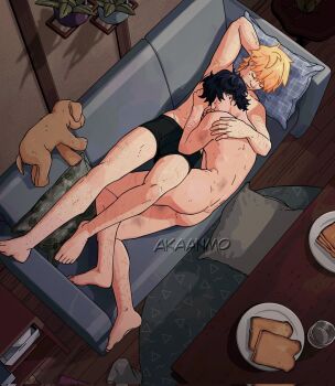 2boys ass back bare_back barefoot batman_(series) bernard_dowd black_boxers black_hair black_male_underwear blonde_hair boxers bread bread_slice closed_eyes closed_mouth clothed_male_nude_male completely_nude couch couple dc_comics dutch_angle feet from_above legs lying male_underwear multiple_boys nude on_back on_couch on_side short_hair sleeping tim_drake underwear yaoi