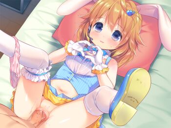 1boy 1girl animal_ears bare_shoulders blue_dress blue_eyes blue_shoes blush censored chishima_mako dress erection fang game_cg gloves hair_between_eyes hair_ornament hands_up headset heart heart_hair_ornament heart_hands hetero indoors large_variant_set loli lying medium_hair mosaic_censoring navel no_panties non-web_source on_back on_bed orange_hair panties parted_lips penis pillow pink_panties piyodera_mucha pussy rabbit_ears sex shoe_soles shoes sleeveless sleeveless_dress smile soushisouai_lolita_no_seikatsu spread_legs striped_clothes striped_dress thighhighs underwear vaginal variant_set vertical-striped_clothes vertical-striped_dress white_gloves white_thighhighs