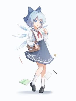 1girl alternate_costume bag black_shoes blue_bow blue_eyes blue_hair blue_sailor_collar blue_skirt book bottle bow cirno commentary detached_wings eraser full_body hair_bow highres ice ice_wings lbcirno9 loafers long_sleeves looking_at_viewer neckerchief open_mouth pencil pointing pointing_at_self red_neckerchief sailor_collar sailor_shirt school_uniform shirt shoes shoulder_bag simple_background skirt smile socks solo touhou water_bottle white_background white_shirt white_socks wings