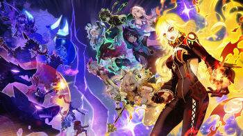 2boys 6+girls absurdres abyss_mage_(genshin_impact) aura biker_clothes bikesuit black_bodysuit blonde_hair body_markings bodysuit braid breasts chasca_(genshin_impact) citlali_(genshin_impact) cleavage earrings facial_mark fiery_hair fighting_stance genshin_impact gloves glowing hair_between_eyes highres hilichurl_(genshin_impact) iansan_(genshin_impact) jewelry kachina_(genshin_impact) kinich_(genshin_impact) lawachurl long_hair long_sleeves mask mavuika_(genshin_impact) mitachurl_(genshin_impact) monster mualani_(genshin_impact) multicolored_hair multiple_boys multiple_girls official_alternate_hair_color open_mouth orange_eyes orange_hair ororon_(genshin_impact) pink_hair sakon04 twin_braids very_long_hair xilonen_(genshin_impact)