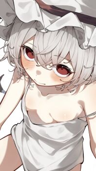 Rule 34 | 1girl, breasts, commentary request, downblouse, dress, grey hair, hat, highres, mob cap, potato (comicomi0211), red eyes, remilia scarlet, small breasts, solo, strap slip, touhou, upturned eyes, white dress