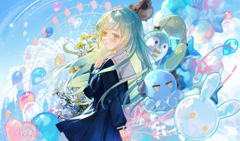 Rule 34 | 1girl, absurdres, animal balloon, animalization, arknights, artist name, balloon, bang dream!, bang dream! it's mygo!!!!!, bear balloon, blue serafuku, blue shirt, blue skirt, blue sky, blush, character balloon, chinese commentary, chrysanthemum, cloud, commentary request, cowboy shot, cucumber, ferris wheel, flower, green hair, hair ornament, hairclip, hand on own chest, heart balloon, highres, long hair, looking at viewer, outdoors, parted lips, penguin balloon, rabbit balloon, sailor collar, sakura amano, school uniform, serafuku, shirt, skirt, sky, solo, star balloon, togawa sakiko, too many, too many balloons, tsukinomori school uniform, wakaba mutsumi, wakaba mutsumi (marionette's id), white flower, yellow eyes, yellow flower