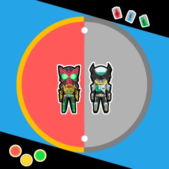 animal belt bird birth_driver black_background blue_background bug chibi circle compound_eyes condiment core_medal date_akira food gashapon gashapon_machine grasshopper hawk hino_eiji insect kamen_rider kamen_rider_birth kamen_rider_ooo kamen_rider_ooo_(series) mask medal oden ooo_driver pixiv ritanka sauce tagme tiger toei_company tokusatsu