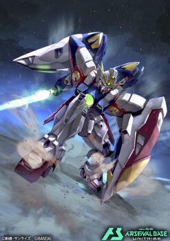 commentary_request copyright_logo copyright_name copyright_notice dust_cloud energy_sword green_eyes gundam gundam_arsenal_base gundam_wing holding holding_shield holding_sword holding_weapon humanoid_robot logo mecha mechanical_wings mobile_suit no_humans official_art robot sakusakusakurai science_fiction shield solo sword v-fin weapon wing_gundam_zero wings
