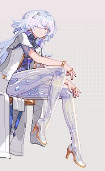 1girl bracelet colored_eyelashes earrings expressionless from_side gamepix gold_bracelet gold_ring grey_background grid_background hair_ornament hair_over_one_eye hashtag-only_commentary high_heels highres jacket jellyfish_cut jewelry long_bangs long_hair mornye_(wuthering_waves) multiple_rings one_eye_covered parted_lips pixel_art pocket red_eyes ring ring_on_every_finger see-through_body short_sleeves simple_background sitting solo triangle_earrings triangle_hair_ornament white_eyelashes white_hair white_jacket wuthering_waves