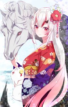 Rule 34 | 1girl, absurdres, animal, bell, closed mouth, commentary request, floral print, flower, from side, grey hair, hair flower, hair ornament, highres, hihi (oekakihix), hololive, horns, horse, japanese clothes, jingle bell, kimono, long hair, long sleeves, looking at viewer, looking to the side, multicolored hair, nakiri ayame, obi, oni, red eyes, red flower, red hair, red kimono, sash, smile, solo, streaked hair, very long hair, virtual youtuber, water, white flower, wide sleeves