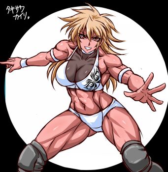 1girl blonde_hair breasts cleavage elbow_pads highres knee_pads long_hair muscular muscular_female navel orange_eyes original shiny_skin solo tagme takizawa_kairi taroimo_(00120014) wrestler wrestling_outfit wristband