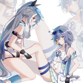 2girls artist_name bare_shoulders bikini black_bow black_gloves black_shorts blonde_hair blue_eyes blue_footwear blue_hair blue_headwear blue_socks bow closed_mouth eyeliner eyewear_on_head fingerless_gloves fu_hua herrscher_of_sentience fu_hua_(seagull's_soar) fu_hua_(shadow_knight) gloves goggles grey_hair hair_between_eyes hair_bow hair_ornament herrscher_of_sentience_(ooh!_summer!) high_ponytail highres honkai_(series) honkai_impact_3rd jewelry long_hair looking_at_viewer low-tied_long_hair low_ponytail makeup mangzhi_yaoyao multicolored_hair multiple_girls navel official_alternate_costume ponytail red_eyeliner red_eyes shoes short_shorts shorts sleeveless socks stomach streaked_hair sunglasses swimsuit thighs unworn_eyewear visor_cap white_background white_bikini white_footwear white_hair white_swimsuit yellow_pupils