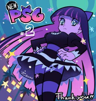 1girl black_dress blue_bow blue_hair blue_nails bow breasts city colored_inner_hair copyright_name dress gothic_lolita hair_bow highres lolita_fashion multicolored_hair night panty_&amp;_stocking_with_garterbelt piko_han pink_streaks serious star_(symbol) stocking_(psg) striped_clothes striped_thighhighs thank_you thighhighs twitter_username