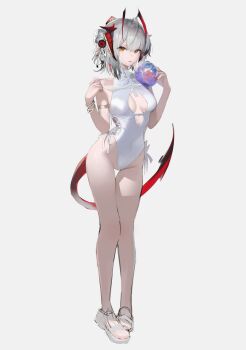 1girl absurdres ahoge alternate_costume arknights arm_strap bare_legs bare_shoulders breasts breasts_apart cameltoe center_opening cleavage_cutout clothing_cutout commentary full_body grey_hair groin hair_between_eyes hair_bun hair_ornament hands_up highres horns ligod looking_at_viewer medium_breasts medium_hair one-piece_swimsuit orange_eyes parted_lips red_horns simple_background solo swimsuit tail thigh_gap thighs w_(arknights) white_background white_one-piece_swimsuit