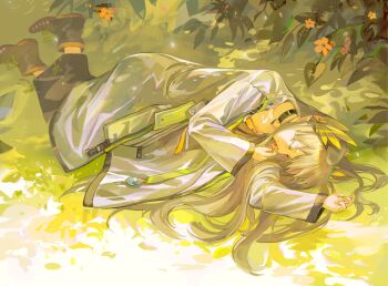 1girl ankle_boots arknights black_boots black_choker black_skirt boots brown_hair chinese_commentary choker closed_eyes closed_mouth commentary_request elf flower full_body hair_ornament holding holding_flower lab_coat leaf long_hair long_skirt long_sleeves lying muelsyse_(arknights) on_ground on_side orange_flower plant pointy_ears skirt smile solo xue_lang_po_jun_qianqi