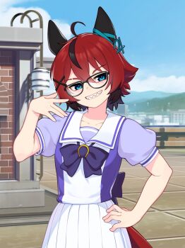 1girl absurdres aeiou_(yoako) ahoge alternate_animal_ears alternate_tail animal_ears back_bow bare_arms black-framed_eyewear black_bow black_bowtie black_hair blue_eyes blue_ribbon bow bowtie commentary cowboy_shot ear_ribbon english_commentary freckles glasses grin hair_between_eyes hair_ornament hand_on_own_hip hand_up highres horse_ears horse_girl horse_tail horseshoe_ornament jupiter_symbol ladder multicolored_hair original outdoors pleated_skirt power_symbol-shaped_pupils puffy_short_sleeves puffy_sleeves red_hair ribbon rooftop sailor_collar sailor_shirt school_uniform sharp_teeth shirt short_sleeves skirt smile solo symbol-shaped_pupils tail teeth tracen_school_uniform two-tone_hair umamusume white_skirt x_hair_ornament yoako