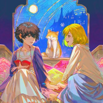 2girls agott_(tongari_boushi_no_atelier) aubergrin black_hair blonde_hair book cat coco_(tongari_boushi_no_atelier) commentary dress english_commentary green_eyes highres holding holding_book long_sleeves multiple_girls open_mouth reverse_trap short_hair sitting sky smile teeth tongari_boushi_no_atelier upper_teeth_only