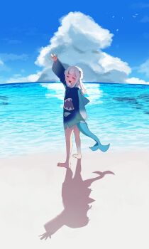 1girl absurdres animal_costume animal_hood barefoot beach bird blue_hair blue_hoodie blue_sky blunt_bangs bun_(bun_5u) closed_eyes cloud commentary fins fish_tail full_body gawr_gura gawr_gura_(1st_costume) grey_hair hair_ornament highres hololive hood hoodie long_sleeves multicolored_hair ocean open_mouth shadow shark_costume shark_girl shark_hair_ornament shark_hood shark_print shark_tail sharp_teeth sky smile solo streaked_hair tail teeth two_side_up virtual_youtuber waving
