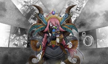 1girl artist_request asymmetrical_gloves black_gloves blue_wings braid brown_corset brown_eyes circlet colored_skin corset covered_mouth cowboy_shot crown detached_sleeves dress empty_eyes feathered_wings film_strip fringe_trim game_cg gem gloves gold_crown gold_ring grey_background grey_dress grey_gloves grey_mask grey_skin grey_sleeves hair_ribbon hands_on_own_face head_wings himuro_lavi himuro_lavi_(kimochi_ver.) jewelry long_hair long_sleeves looking_at_viewer low_twin_braids magia_record:_mahou_shoujo_madoka_magica_gaiden mahou_shoujo_madoka_magica mask mismatched_gloves mouth_mask multiple_rings multiple_wings official_alternate_costume official_art pink_hair red_gemstone red_ribbon ribbon ring short_dress short_sleeves single_detached_sleeve solo straight-on twin_braids very_long_hair wings