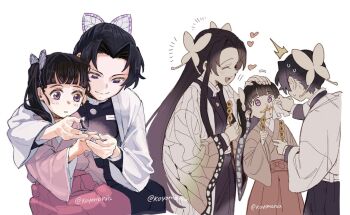 3girls ^^^ animal_print black_hair blunt_bangs butterfly_hair_ornament butterfly_print butterfly_print_haori cleaning clipping_another&#039;s_nails closed_eyes closed_mouth commentary curtained_hair demon_slayer_uniform food food_on_face hair_ornament handkerchief haori happy headpat heart holding holding_handkerchief japanese_clothes kimetsu_no_yaiba kimono kochou_kanae kochou_shinobu koyomania long_hair long_sleeves multiple_girls multiple_views nail_clippers open_mouth parted_bangs pink_eyes pink_kimono print_haori purple_eyes raised_eyebrows short_hair siblings side_ponytail simple_background sisters smile sweat symbol-only_commentary tsuyuri_kanao twitter_username white_background wiping