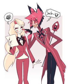 1boy 1girl alastor_(hazbin_hotel) animal_ears antlers arm_behind_back black_nails black_pants blonde_hair cane charlie_morningstar cheek_poking circle_facial_mark closed_eyes coat colored_sclera colored_skin colored_teeth deer_antlers deer_ears grey_skin hand_up hazbin_hotel hellaverse highres holding holding_cane holding_paper horns jacket long_hair looking_at_another pants paper poking red_coat red_eyes red_hair red_jacket red_pants red_sclera red_shirt sharp_teeth shirt short_hair spoken_squiggle squiggle tabunkaku teeth torn_clothes torn_coat twitter_username white_shirt white_skin yellow_teeth