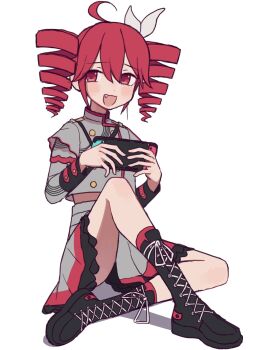 1girl :d ahoge belt black_belt black_bow black_skirt blush boots bow buttons controller double-breasted fang game_controller grey_skirt hair_between_eyes hair_bow hashtag-only_commentary highres holding holding_controller holding_game_controller jacket kasane_teto kasane_teto_(sv) kneehighs lace-up_boots layered_skirt layered_sleeves long_sleeves looking_at_viewer musical_staff musical_staff_print nintendo_switch open_mouth red_eyes red_hair red_skirt red_socks red_trim shoulder_belt shoulder_boards simple_background sitting skirt smile socks solo striped_clothes striped_jacket synthesizer_v utau white_background yuge_99