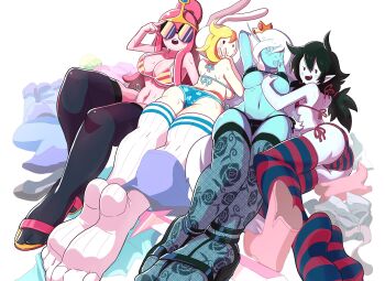 4girls adventure_time animal_hood ass belt bikini black_hair black_legwear blonde_hair blue_skin boots breasts cartoon_network cleavage colored_skin crown fangs feet fionna_campbell gashi-gashi glasses grabbing_another's_breast grey_skin groping hood ice_queen_(adventure_time) large_breasts lingerie long_hair looking_at_viewer looking_back lying marceline_abadeer midriff multiple_girls navel on_side open_mouth panties pantyhose patterned_legwear pink_hair pink_skin pointy_ears princess_bonnibel_bubblegum rabbit_hood red_eyes sandals short_hair shorts shorts_around_one_leg side-by-side simple_background smile striped_legwear sunglasses sweat swimsuit sword thighhighs tiara underboob underwear unworn_clothes vampire weapon white_hair