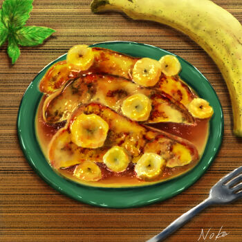 Rule 34 | banana, banana slice, commentary request, crepe, dessert, food, food focus, fork, fruit, no humans, noka pastel, original, plate, still life, table, wooden table