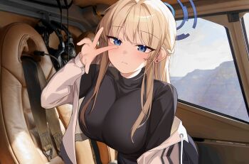 1girl absurdres black_shirt blonde_hair blue_archive blue_eyes blue_halo breasts halo hashtag-only_commentary highres jacket large_breasts long_hair looking_at_viewer shirt siwa_(st_ekfrlfkep) solo toki_(blue_archive) v white_jacket