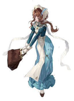 1girl absurdres apron bag blue_dress brown_bag brown_hair dress full_body glasses gloves hat highres holding holding_bag juliet_sleeves kakania_(reverse:1999) kuroja long_dress long_hair long_sleeves low_ponytail official_alternate_costume ponytail puffy_sleeves reverse:1999 round_eyewear solo standing white_apron white_background white_gloves white_hat