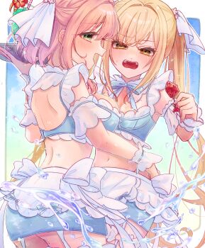 Rule 34 | 2girls, :d, alternate costume, apron, arm cuffs, backless outfit, blonde hair, blue skirt, blush, breasts, commentary request, cup, drinking glass, fangs, food, fruit, garter straps, green eyes, half updo, hanazono hakari, hand on another's waist, highres, holding, holding tray, inda karane, kimi no koto ga dai dai dai dai daisuki na 100-nin no kanojo, large breasts, long hair, looking at viewer, medium breasts, medium hair, midriff, miniskirt, multiple girls, navel, nose blush, oknomyk, open mouth, pencil skirt, pink hair, shoulder blades, skirt, sleeveless, smile, tray, twintails, very long hair, waist apron, water, watermelon, white apron, white garter straps, wrist cuffs, yellow eyes
