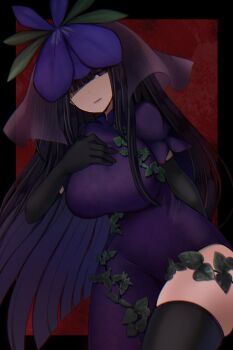 1girl arm_behind_back black_gloves black_hair black_thighhighs blunt_bangs breasts commentary_request dress elbow_gloves flower flower_on_head gloves hair_over_one_eye hand_on_own_chest highres large_breasts leaf long_hair looking_at_viewer modokith puffy_short_sleeves puffy_sleeves purple_dress purple_eyes red_background short_sleeves solo thick_thighs thighhighs thighs touhou veil yomotsu_hisami