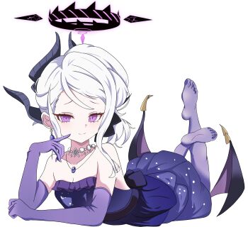 1girl absurdres blue_archive breasts commentary_request demon_girl demon_horns demon_wings dress elbow_gloves gloves halo highres hina_(blue_archive) hina_(dress)_(blue_archive) horns long_hair looking_at_viewer low_wings mili_mli purple_dress purple_eyes purple_gloves simple_background small_breasts solo white_background white_hair wings