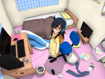 10s 1girl 3d aliasing bag beats_by_dr._dre bed bedroom black_hair cellphone computer computer_keyboard female_focus from_above green_eyes hair_over_one_eye handheld_game_console headphones indoors kuroki_tomoko long_hair messy monitor pantyhose phone playstation_portable school_bag school_uniform smartphone solo tomop watashi_ga_motenai_no_wa_dou_kangaetemo_omaera_ga_warui!