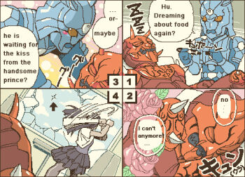 1girl 2girls 4koma armor arrow_(symbol) baseball_bat black_skirt blue_armor blush broken_glass broken_window brown_hair bubble_background chair closed_eyes coat comic english_text flower glass hana_(kamen_rider_den-o) hand_fan heartbeat imagination imagining japanese_text kamen_rider kamen_rider_den-o_(series) long_hair male_focus marker marker_pen momotaros monster monster_boy multiple_girls oni orange_eyes pantyhose pen red_armor rose short_coat skirt sky sleep_talking sleeping sound_effects star_(symbol) table thrown_away train_interior turtle urataros white_coat window