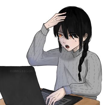 1girl black_hair braid chainsaw_man commentary commission computer english_commentary grey_sweater hand_up highres laptop long_hair nayuta_(chainsaw_man) open_mouth ringed_eyes schonv simple_background single_braid solo sweat sweater white_background yellow_eyes