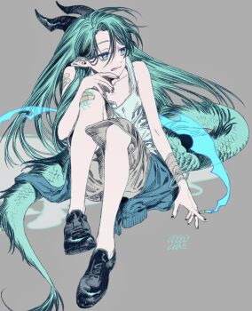 1girl :p bandaged_arm bandages bandaid bandaid_on_shoulder black_horns black_shoes chae_88in cigarette closed_mouth collarbone full_body green_eyes green_hair grey_background grey_shorts hair_between_eyes highres horns long_hair no_socks original pointy_ears shirt shoes shorts signature simple_background sitting sleeveless sleeveless_shirt solo tongue tongue_out white_shirt