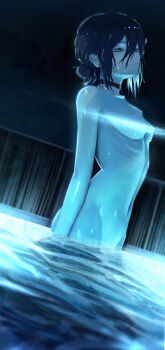 1girl absurdres black_choker black_hair breasts chainsaw_man choker completely_nude dutch_angle grenade_pin hair_between_eyes highres light_censor light_smile linea_alba long_hair_between_eyes looking_at_viewer m_ttl navel night nude pool reze_(chainsaw_man) sky small_breasts solo stomach wet wet_hair