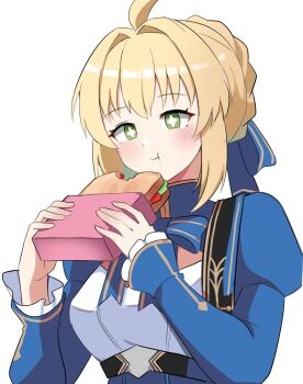 Rule 34 | + +, 1girl, ahoge, artoria pendragon (fate), belt, black belt, blonde hair, blue bow, blue bowtie, blue dress, blush, bow, bowtie, braid, breasts, cleavage cutout, closed mouth, clothing cutout, dress, eating, erushira, fate/stay night, fate/unlimited blade works, fate (series), food, green eyes, hair between eyes, hair bow, hands up, highres, holding, holding food, holding sandwich, honkai: star rail, honkai (series), huge ahoge, juliet sleeves, long sleeves, looking at food, medium breasts, puffy sleeves, saber (fate), saber (honkai: star rail) (fate), sandwich, short hair, sidelocks, simple background, smile, solo, two-tone dress, upper body, white background, white dress