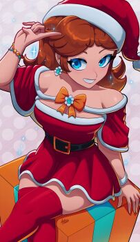 1girl axlhearts bare_shoulders belt blue_eyes blush box breasts christmas dress earrings flower_earrings gift gift_box hat jewelry mario_(series) medium_hair nintendo orange_hair princess_daisy santa_costume santa_dress santa_hat short_dress short_sleeves sitting socks teeth
