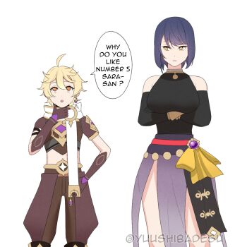 1boy 1girl aether_(genshin_impact) ahoge artist_name bare_shoulders blonde_hair blue_hair breasts brown_gloves commentary crossed_arms elbow_gloves english_commentary english_text genshin_impact gloves highres japanese_clothes kujou_sara large_breasts midriff orange_eyes short_hair simple_background size_difference speech_bubble star_(symbol) vision_(genshin_impact) yellow_eyes yuushiba