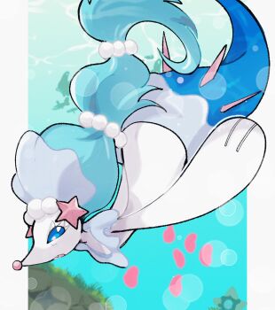 1girl :o bad_tag blue_eyes blue_hair border colored_eyelashes fang full_body furry furry_female gem gen_7_pokemon hair_ornament long_hair looking_at_viewer mermaid monster_girl multi-tied_hair nintendo open_mouth pearl_(gemstone) pearl_hair_ornament pokemon pokemon_(creature) primarina sea_lion simple_background snout solo sstoh starfish_hair_ornament swimming underwater white_border