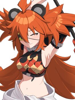 1girl absurdres ahoge animal_ears armpits bare_shoulders bear_ears black_gloves breasts crop_top deiku_(day9_fujimiya) eyepatch fake_animal_ears fingerless_gloves gloves hair_between_eyes hair_ornament highres koleda_belobog long_hair midriff navel pants red_hair simple_background solo sphere_hair_ornament twintails zenless_zone_zero